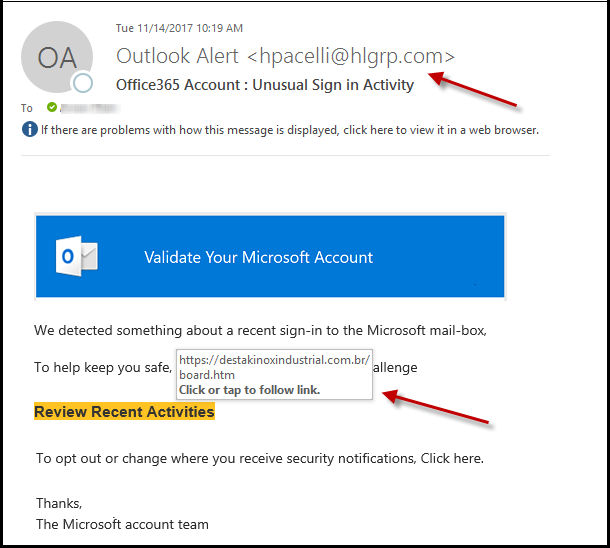 Microsoft Account Security Notification Email Phishing Scam